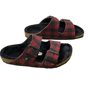 Birkenstock Arizona Shearling Sandals Wool Felt Red Buffalo Plaid Size 38 7-7.5‎